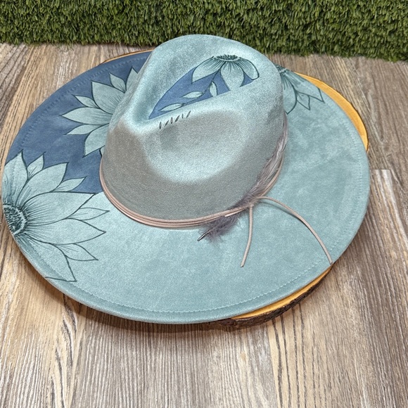 Custom Burned & Painted Baby Denim Blue Wide Brim Hat Suede Felt Sunflowers main image 7